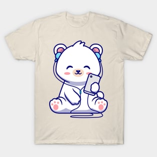 Cute Polar Bear Listening Music Cartoon T-Shirt